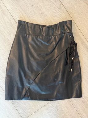 MAJORELLE Black Faux Leather Wrap Mini Skirt